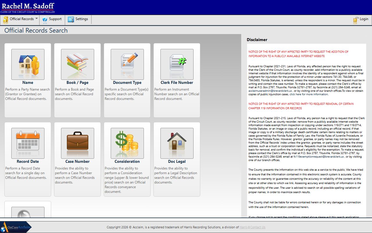 Brevard County AcclaimWeb portal for court docket access
