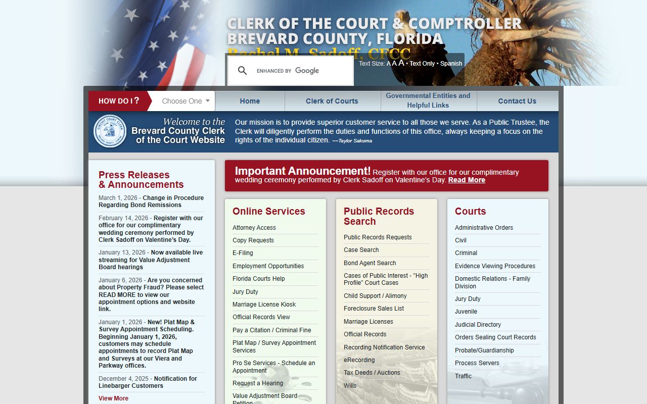 Brevard County Clerk homepage for court docket records