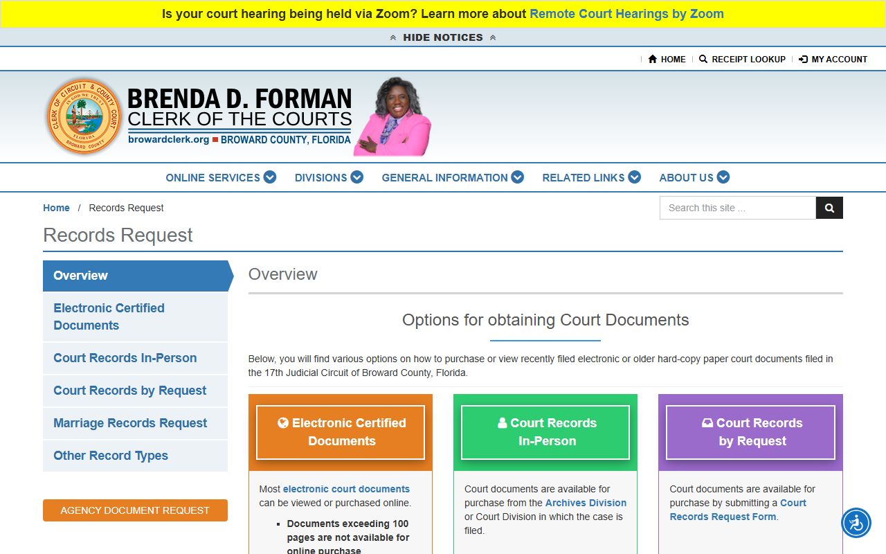 Broward County records request page for court docket documents