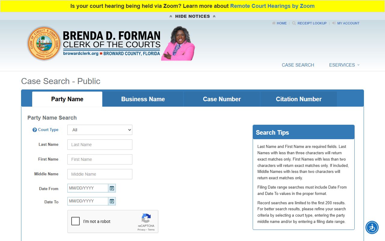 Broward County web search tool for court docket access