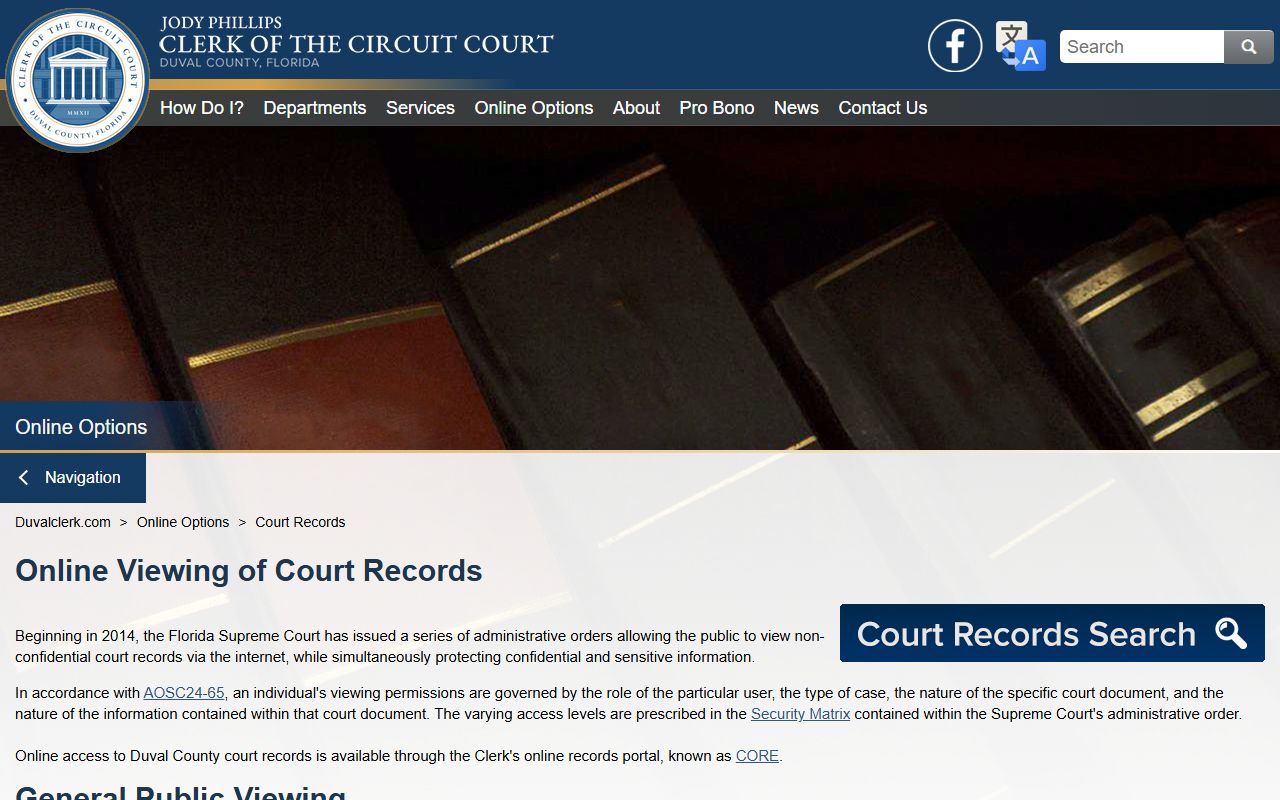 Duval County CORE portal for Jacksonville court docket search