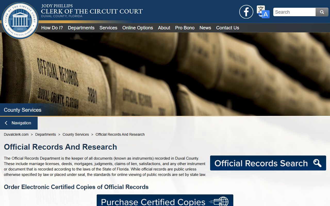 Duval County official records for Jacksonville court docket copies