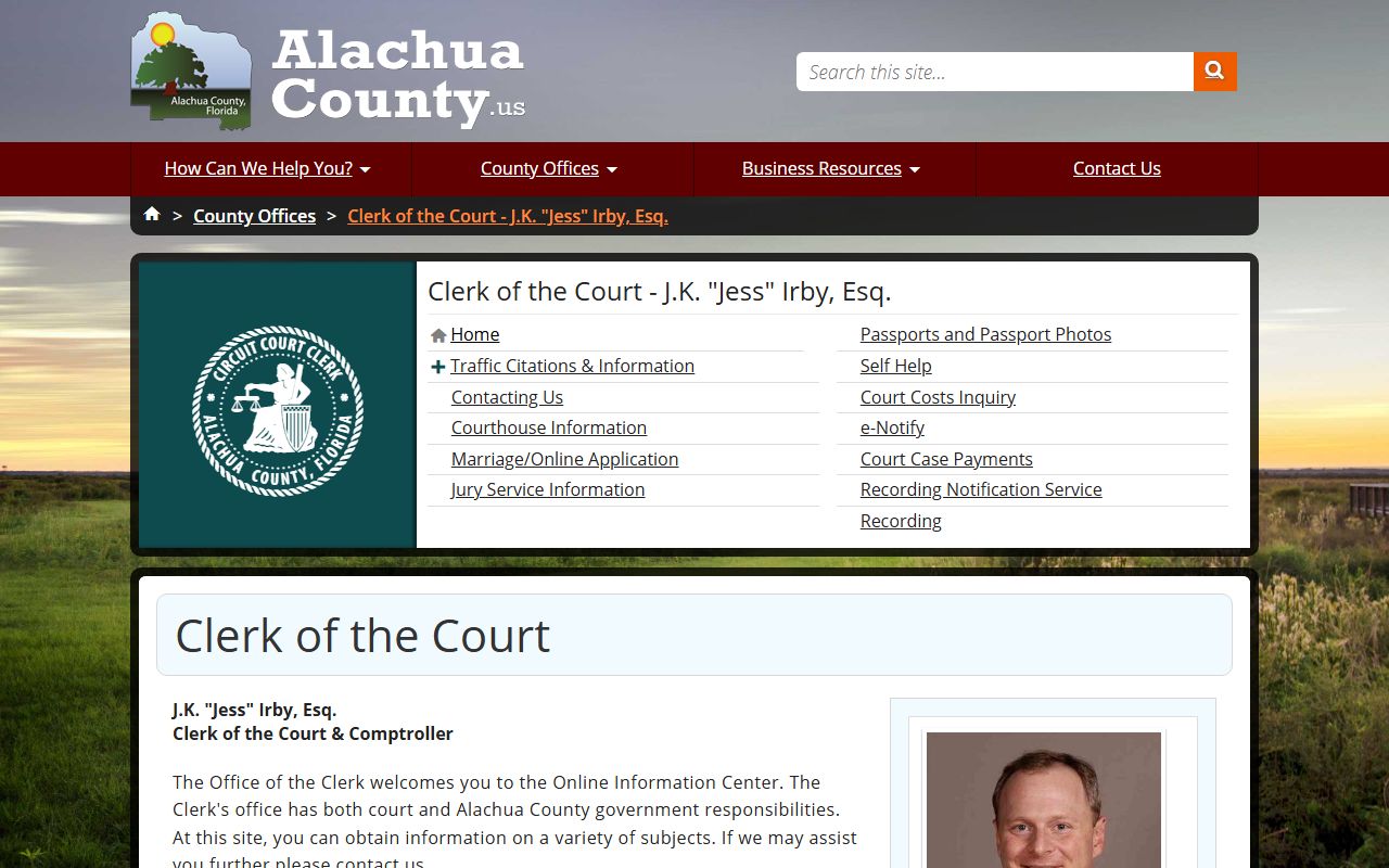 Alachua County Clerk homepage for court docket search