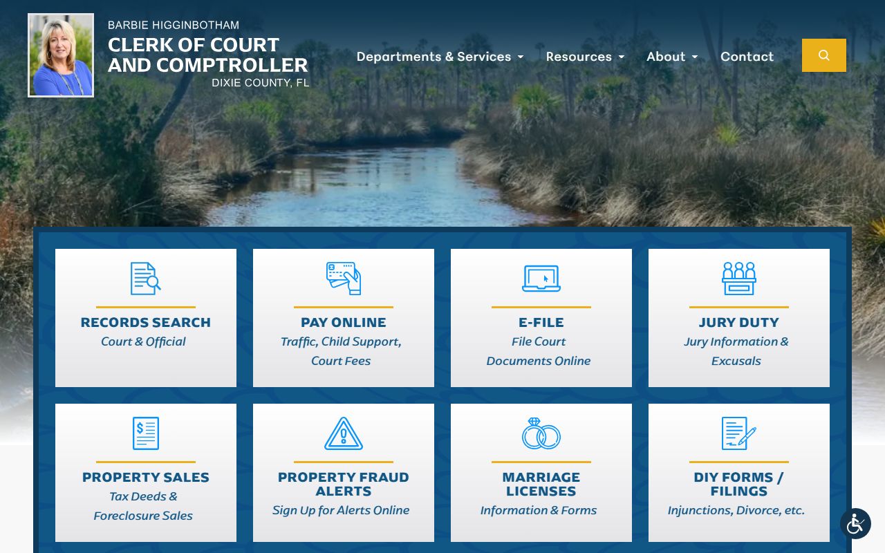 Dixie County Clerk homepage for court docket records