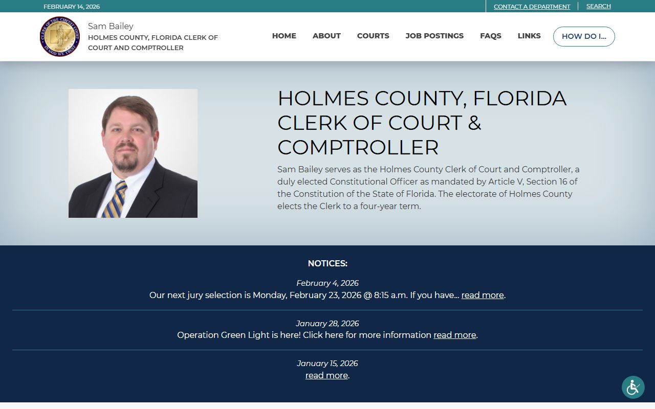 Holmes County Clerk of Court homepage for court docket search