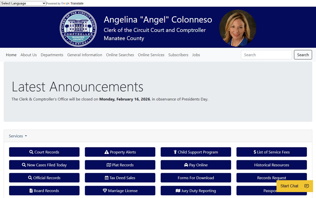 Manatee County Clerk of Court homepage for court docket search