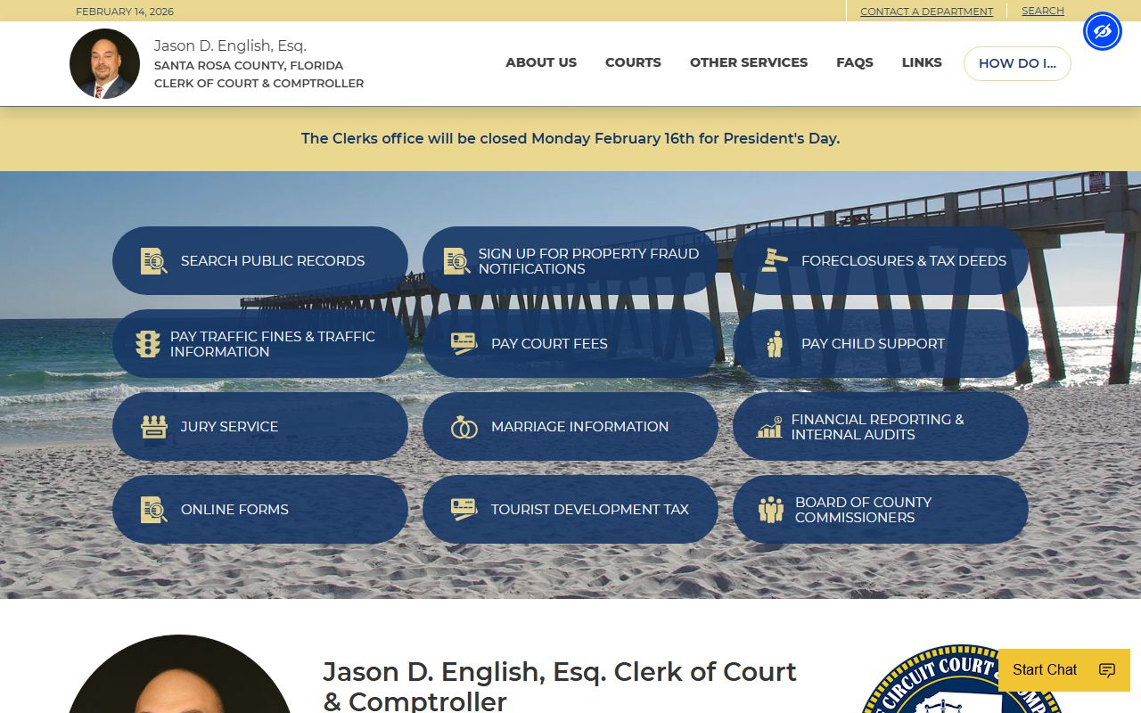 Santa Rosa County Clerk homepage for court docket records