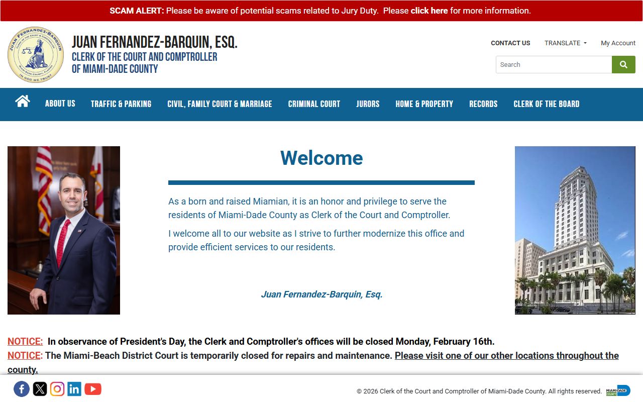 Miami-Dade County Clerk homepage for court docket records