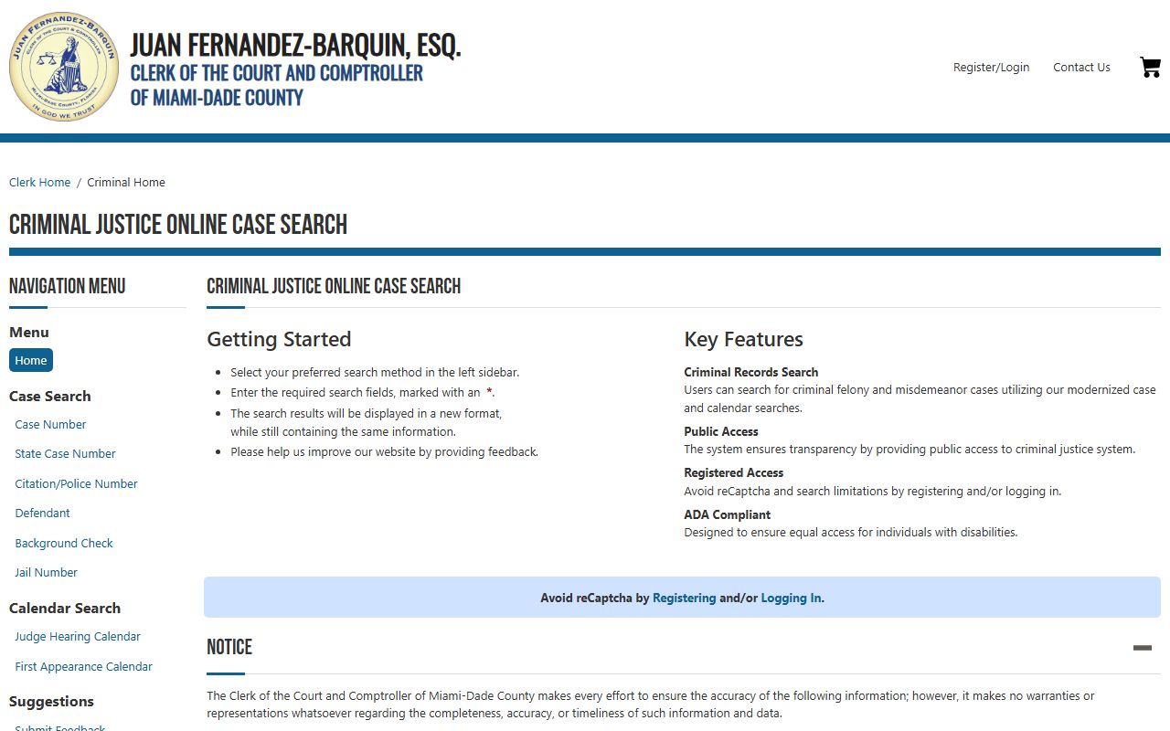 Miami-Dade County COIN criminal court docket search portal