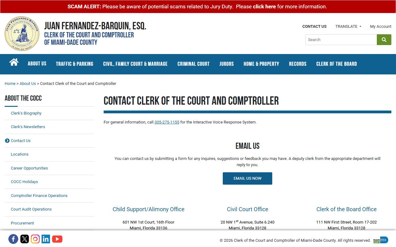Miami-Dade County Clerk contact page for court docket inquiries