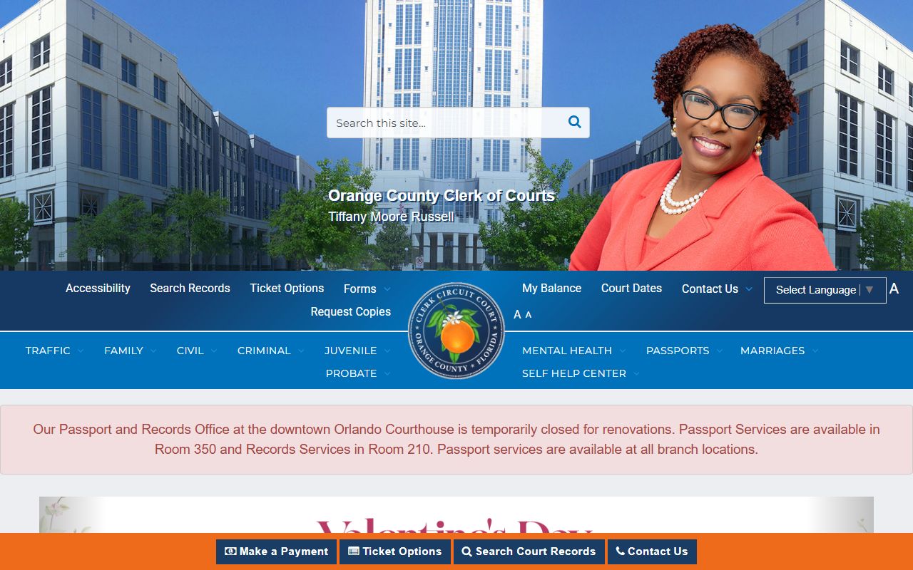 Orange County Clerk homepage for court docket records in Orlando