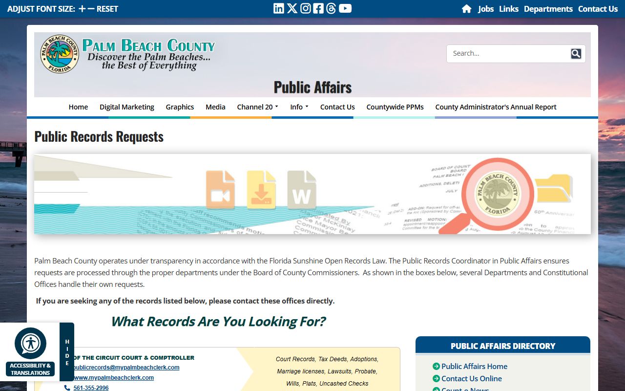 Palm Beach County public records request page for court docket documents