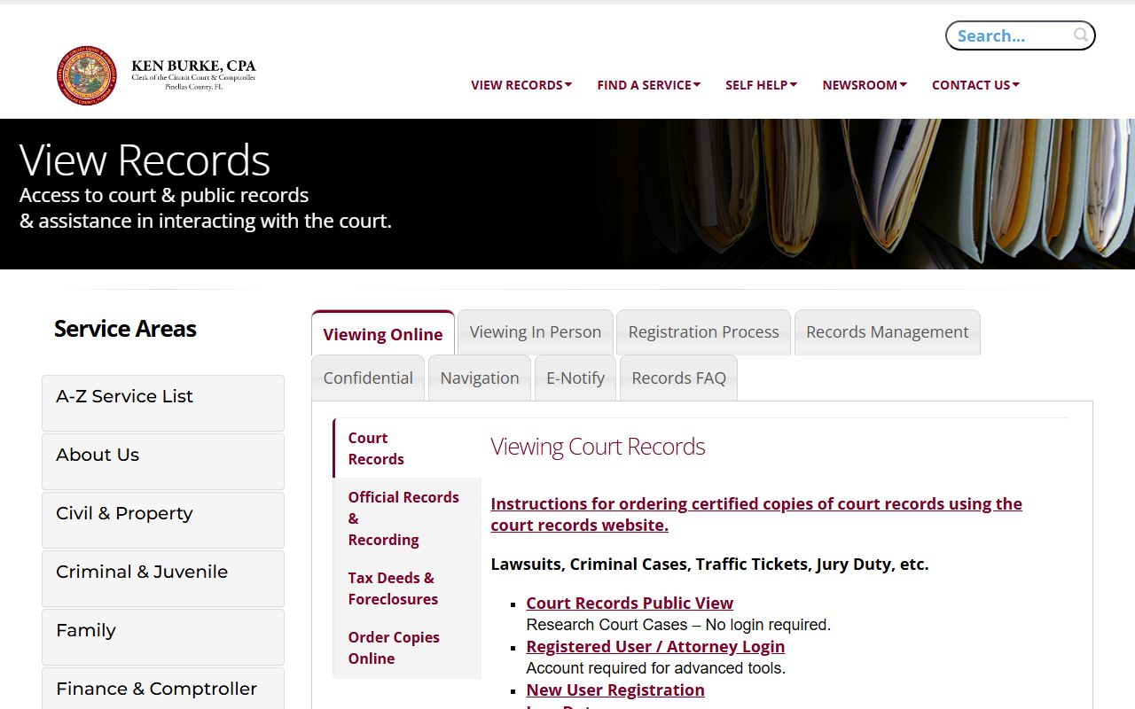 Pinellas County view records page for court docket access