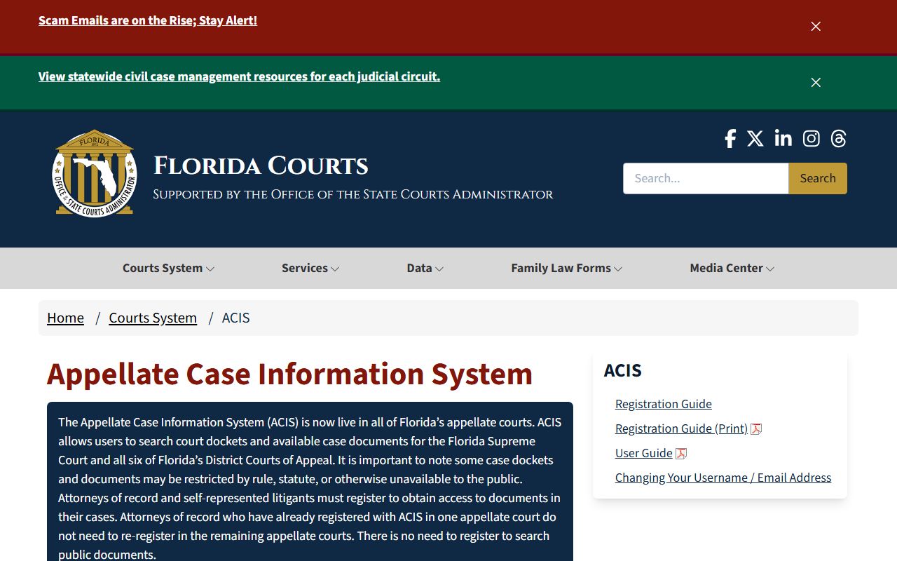 ACIS information page explaining Florida court docket access