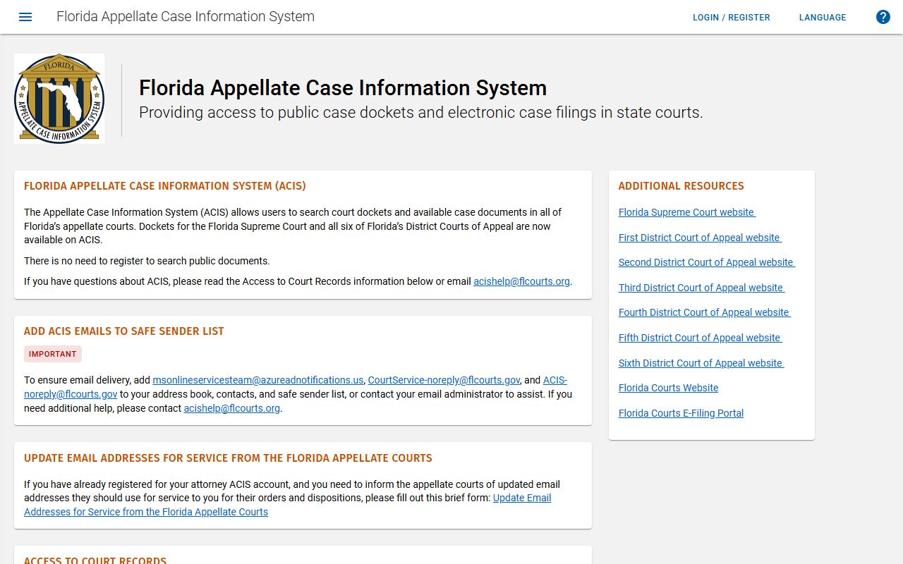 ACIS portal homepage for Florida appellate court docket search