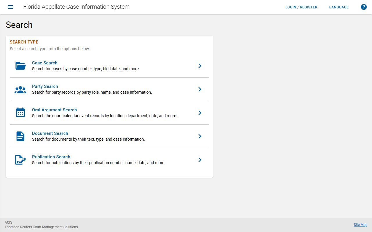 ACIS search page for Florida court docket records