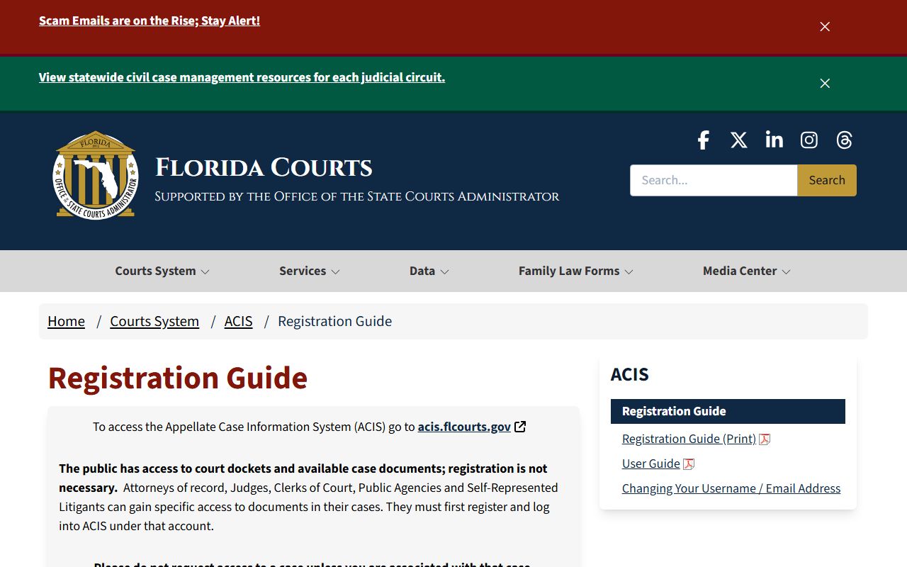 ACIS registration guide for Florida court docket system