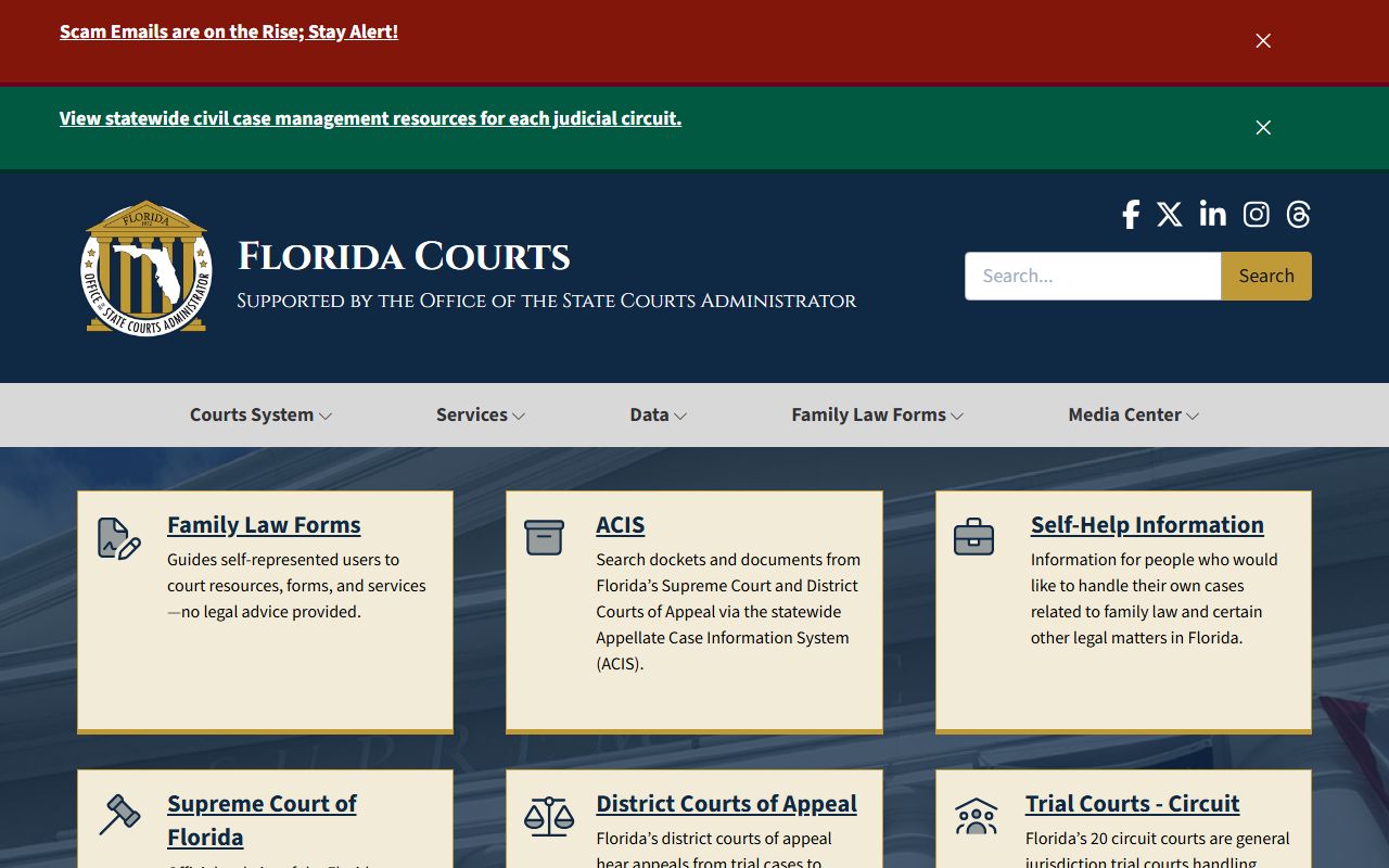 Florida Courts homepage for court docket search